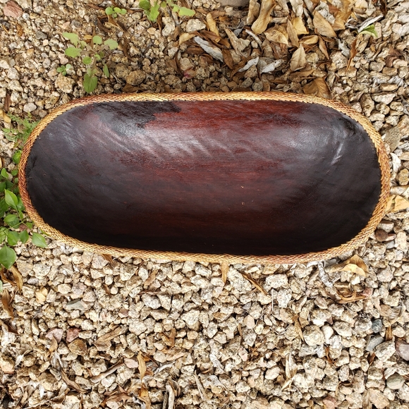 VTG Large Wooden Decorative Oval Bowl Hand Crafted with Rattan Woven Edge - Picture 7 of 11